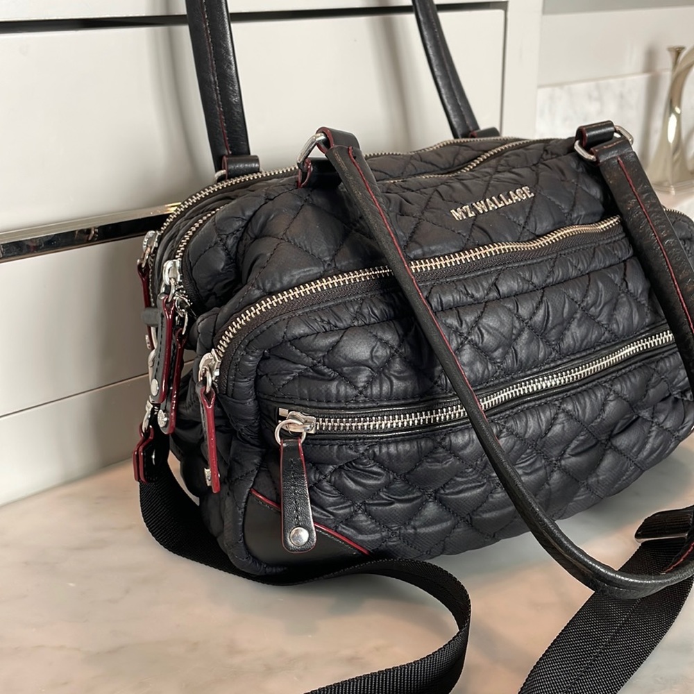 MZ Wallace Crosby Quilted Nylon Leather Crossbody Shoulder Bag Satchel Black